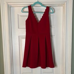 Red Scalloped V-Neck Dress